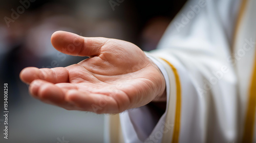 Blessed by divine person priest local religion, church faith person display, ecclesiastical blessing moment, religious authority figure, pastoral presence showcase, faceless blessed figure,