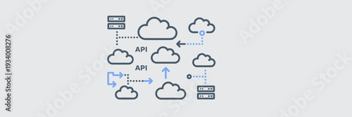 Multi cloud orchestration icons with server rack and API sync