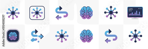 AI neural network icon set – Great for software development, data science, or artificial intelligence branding.
