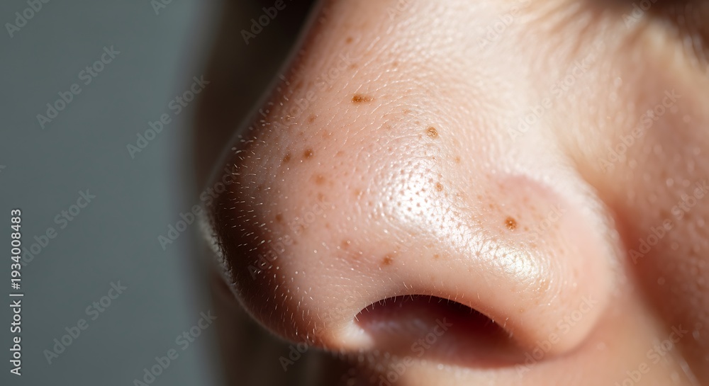 Fototapeta premium Close up of a nose with freckles and moles on the skin surface