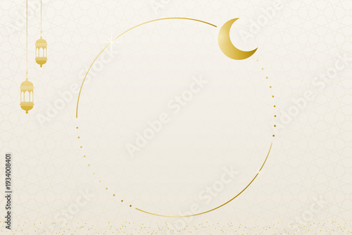 Minimalist White and Gold Islamic Background - Elegant Circular Frame with Moon Crescent and Lanterns for Ramadan and Eid Mubarak Greeting