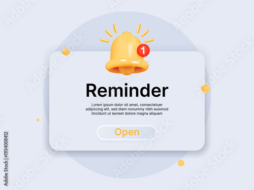 3D Reminder Notification Pop Up Template with Yellow Bell Icon. Business Planning Event Alert and Timetable App UI Vector Illustration