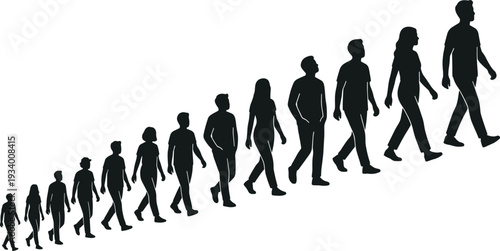 Human growth stages silhouette illustration showing child to adult walking progression isolated on white background