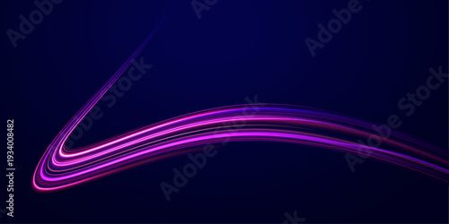 Magenta and violet neon beams flash in curved spiral patterns. Motion trails and radiant glow convey chaotic speed and technological power. High-resolution PNG illustration isolated.