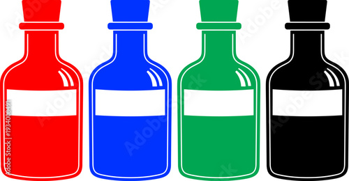 Set of chemistry glass flasks icons in red blue green black colors isolated on transparent background