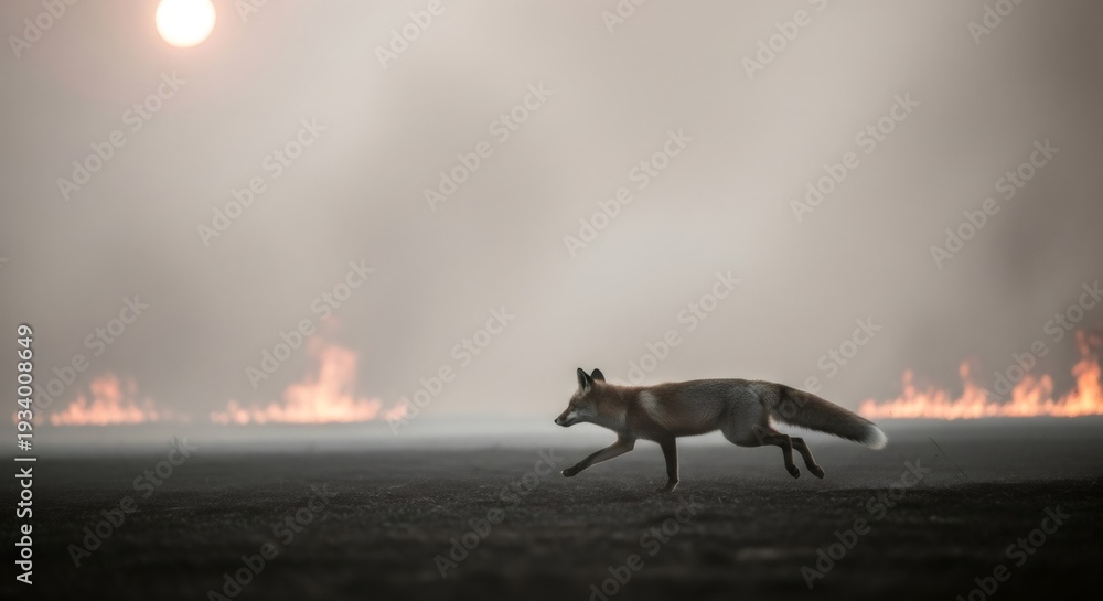 Fototapeta premium Fox running from a wildfire. Wildlife animal escaping a burning natural disaster. Global warming and climate change concept.