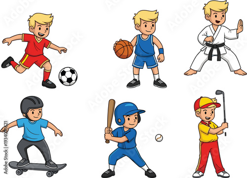 Active kids playing different sports set, cartoon boys soccer basketball karate skateboarding baseball golf, colorful vector illustration isolated on white background