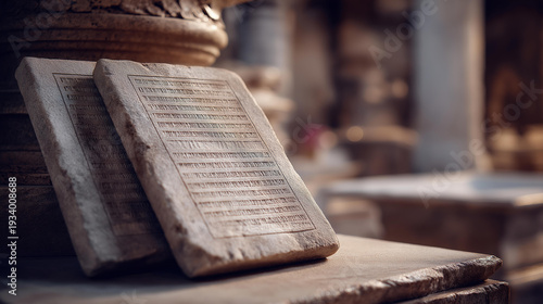 Religious commandments stone tablets display, biblical law representation, scripture monument symbolism, ancient covenant visualization, theological history artifact, defocused background, with