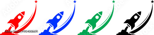 Rocket launch icons with star trail in red blue green black colors starting space mission illustration