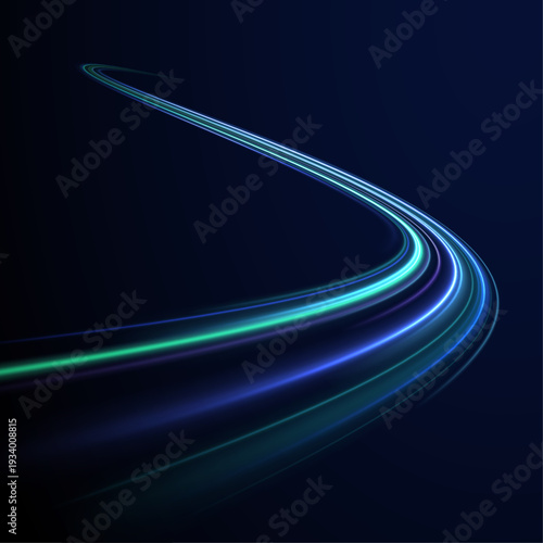 Curved magenta and cyan speed streaks ripple across the night sky. Glowing trails suggest high-speed data flow and urban energy. Futuristic PNG illustration isolated cleanly.