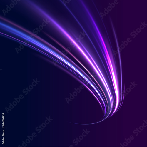 Violet neon streaks ripple across futuristic city streets at night. Motion trails curve and glow with energy, expressing speed and urban power. Abstract PNG illustration isolated cleanly.