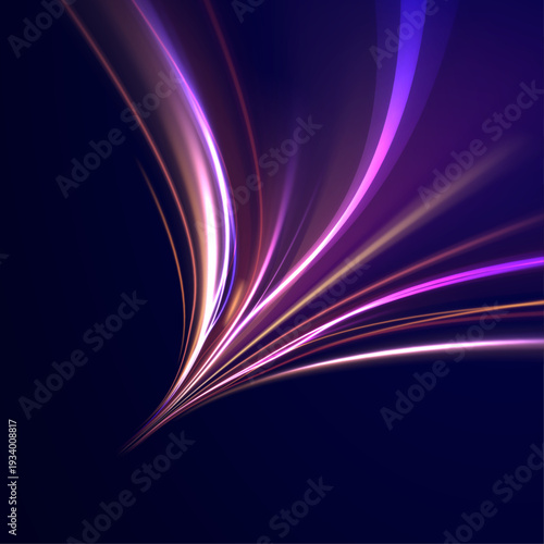 Orange neon ribbons ripple in twisting arcs over city roads. Radiant streaks and glowing trails suggest high-speed dynamic motion. Futuristic PNG vector illustration isolated cleanly.