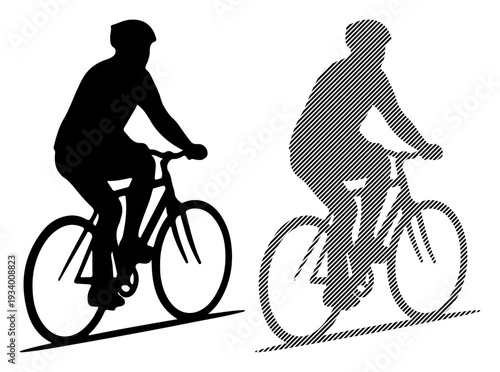 Silhouette of a cyclist in helmet riding a bicycle on a white background, one solid black, one halftone grey