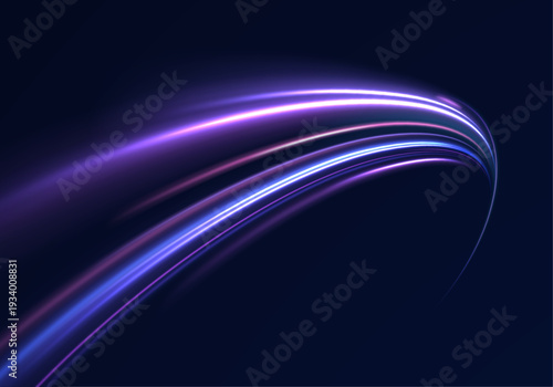 Neon violet streaks ripple across dark highways in abstract patterns. Motion blur and glowing arcs create sense of rapid acceleration. Vector illustration isolated on transparent PNG.