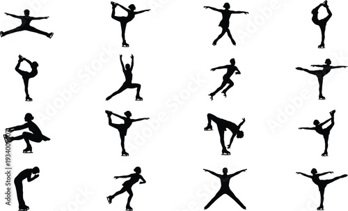 Silhouette collection of figure skaters performing dynamic spins, jumps, arabesques, and expressive poses showcasing elegance, artistry, and athletic 