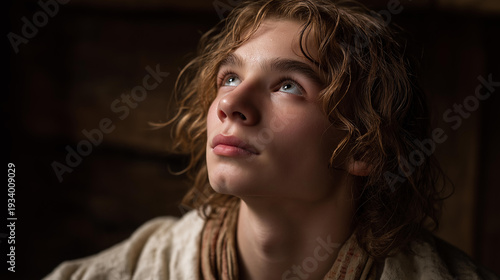 Biblical character emotional close-up portrait, young person with wet hair looking up, ancient religious figure, scriptural personality display, historical faith representation, defocused