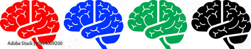 Set of four brain icons in red blue green and black colors showing human intelligence and neurology