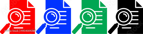 Document review icons with magnifying glass for file inspection search and information verification