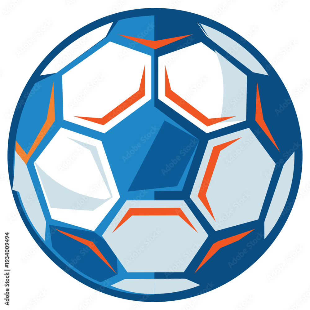 Fototapeta premium Modern Soccer Ball Illustration, Blue and Orange Football Design for Tournament. Professional geometric soccer ball in vibrant blue and orange. High-tech sports design perfect for World Cup promo