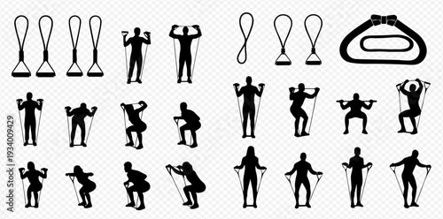 Set of silhouettes demonstrating various exercises with resistance bands for fitness and strength training.