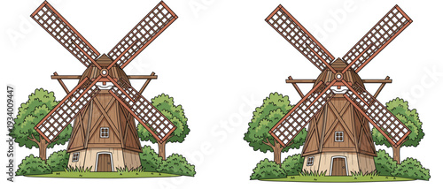 Cartoon windmill vector illustration set, traditional wooden windmills with blades, trees, and bushes, spot-the-difference puzzle design, countryside landscape graphic art resource