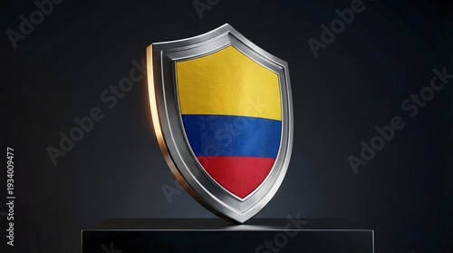 Metal shield with inlaid national flag of Colombia. Dramatic lighting, minimal background. Concept of strength, protection, national pride. Free Download Metal shield with inlaid national flag of Colombia. Dramatic lighting, minimal background. Concept of strength, protection, national pride. - GFXLoad