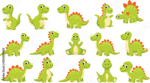 Cute cartoon dinosaur collection set, green baby dino characters in different poses, colorful vector illustration isolated on white background