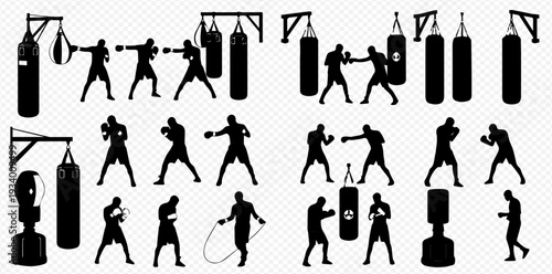 Collection of boxing silhouettes, including boxers in various poses, punching bags, and training equipment, isolated on a transparent background.
