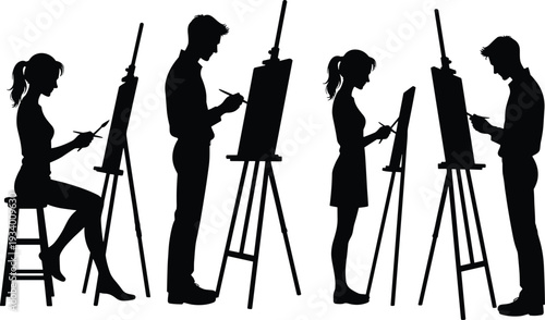 Flat vector silhouettes of artists painting and drawing at easels, creative studio, art class, design illustration, artistic posture study reference