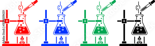 Laboratory flask with chemical reaction and fire burner set red blue green black scientific equipment