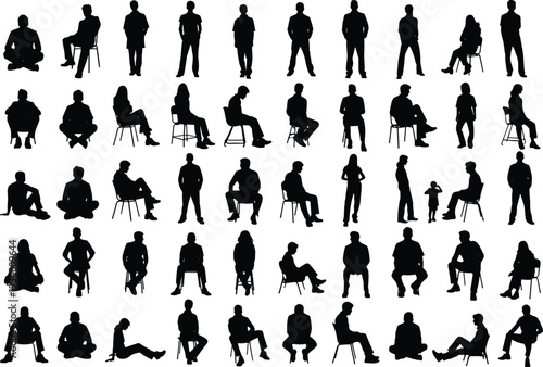 Flat vector silhouettes of diverse people sitting and standing in various postures, ergonomic study, human figures, design illustration reference
