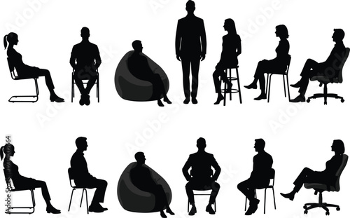 Flat vector silhouettes of diverse people sitting and standing on chairs, stools, bean bags, ergonomic seating, posture study illustration