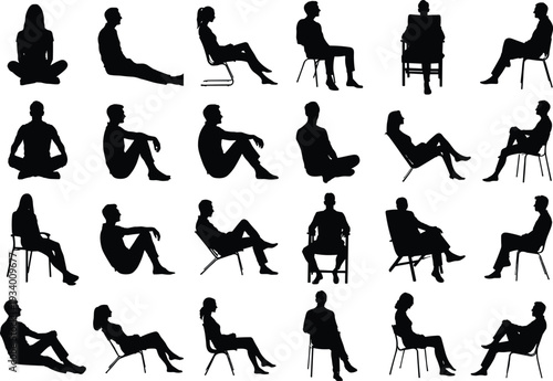 Flat vector silhouettes of diverse people sitting in different postures on chairs and floor, ergonomic study, human figure design illustration