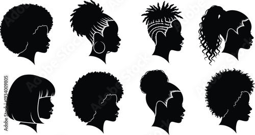 Women hairstyle silhouette vector illustration set, diverse textured hair styles including afros, buns, braids, curls, and straight hair, fashion beauty design resource