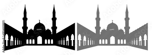 Symmetrical silhouette of a mosque with minarets and domes, presented in black and gray.