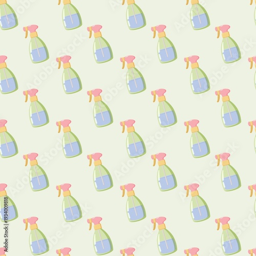 Seamless pattern of cartoon spray bottles with pink nozzles, yellow triggers, green bodies, and blue liquid, arranged diagonally on light background, perfect for cleaning product design