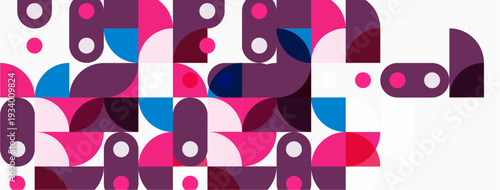 Abstract geometric pattern. Shapes overlap, creating vibrant visual texture. Pink, purple, blue dominate composition. Modern design element.