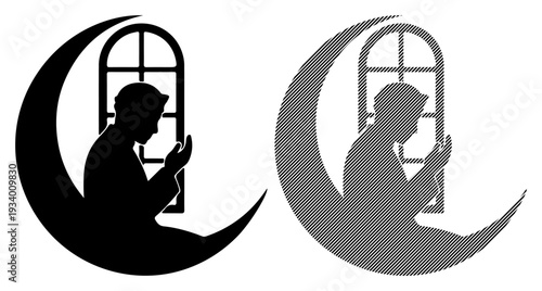Silhouette of a person praying under a crescent moon and window, symbolizing faith and spirituality.