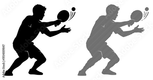 Dynamic silhouette of a person playing table tennis, captured mid-action hitting the ball.