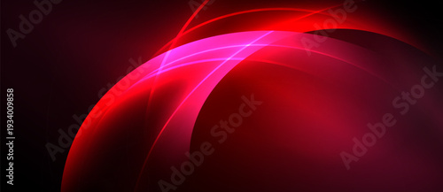 Abstract red design features curved lines, glowing effects. Dark background emphasizes vibrant shapes, creating dynamic visual impact.