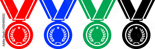 Medals with ribbons for first second and third place winners, red blue green black