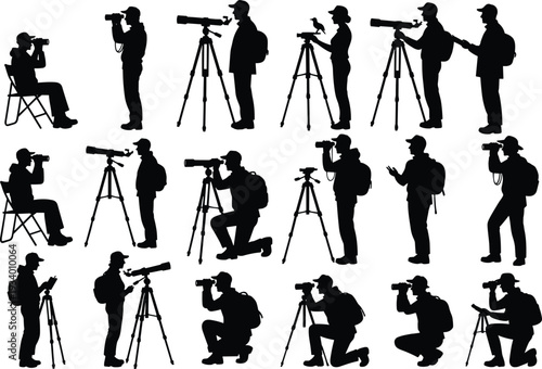 Flat vector silhouettes of people birdwatching with binoculars, cameras, tripods, outdoor wildlife photography, nature observation, field research illustration design