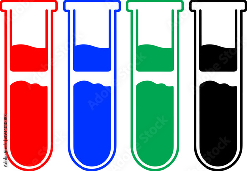 Set of four colored laboratory test tubes containing liquid science experiment glassware icons
