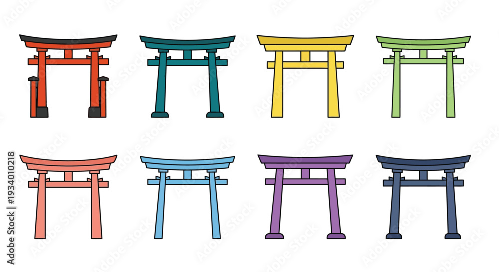 Fototapeta premium Colorful torii gates arranged in a grid pattern on a white background