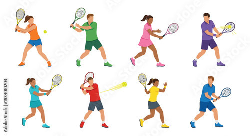 Group of cartoon athletes playing tennis with rackets and a ball