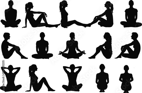 Flat vector silhouettes of people in diverse seated postures, yoga meditation, relaxation, anatomical study, human figure design illustration reference