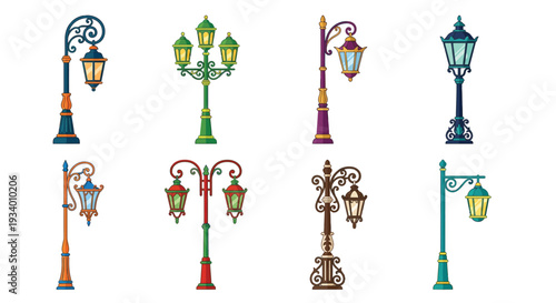 Collection of ornate vintage street lamps in various designs and colors