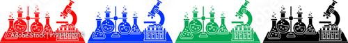 Laboratory equipment setup: vector illustration of microscope, test tubes, and flasks