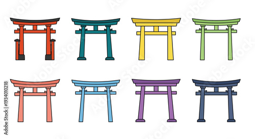 Colorful torii gates arranged in a grid pattern on a white background