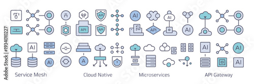 Modern cloud native orchestration and service mesh icons – Suitable for technical training, cloud monitoring, or software engineering.